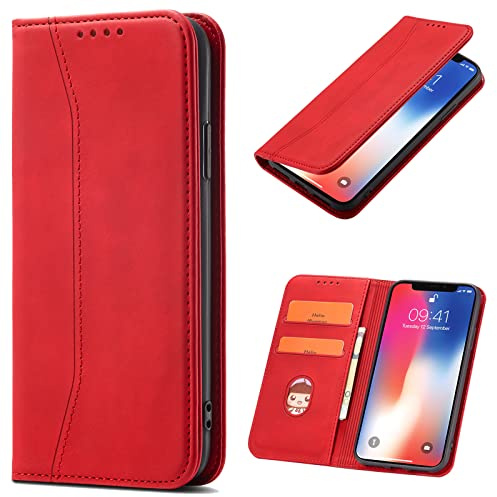 OKZone Coque pour iPhone 15 Plus, PU Cuir Portefeuille Housse Magnétique Flip Pochette Étui à Rabat Case avec Antichoc TPU Housse [Emplacements Cartes] [Fonction Support] (Rouge)