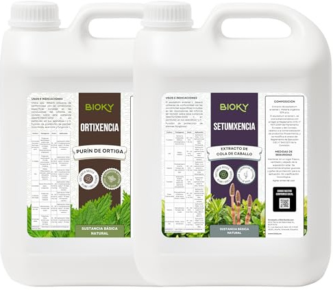 Bioky - Purín de Ortiga 5L y Cola de Caballo 5L - Aporta Hierro y Nutrientes Esenciales - Mejora Defensas Naturales de Plantas - Producido por decocción y fermentación