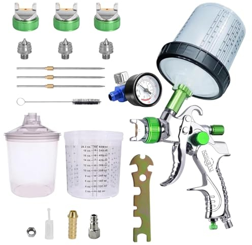 Awsuc HVLP Professionnel Pistolet à Peinture 600cc avec 3 Buses 1,4mm 1,7mm 2,0mm, avec régulateur d'air, jetables gobelet jetable 600ML et gobelet mélangeur de Couleurs (Vert)