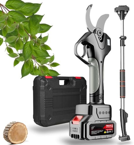 Sécateur électrique, 50MM Secateur Electrique Professionnel Avec Perche Télescopique De 2,1M, écran Lcd, Batterie Au Lithium Rechargeable,Sécateur Sans Fil Pour élaguer Les Arbres,2Battery