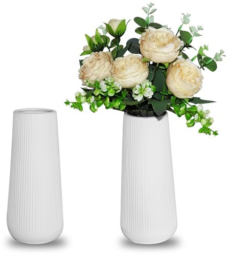 AZKEEGREY 2 Stück Keramik Vase Weiß, Vasen Set Modern Blumenvasen Dekorative 20cm Hoch, Kleine Vase für Pampasgras, Wohnzimmer, Esstisch