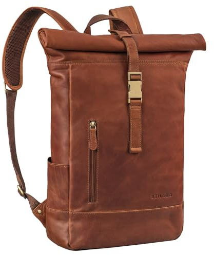 STILORD 'Harriet' Vintage Rolltop Rucksack Leder mit Laptop-Fach 15,6-17 Zoll Fahrradrucksack Kurierrucksack für Damen und Herren aus weichem Leder, Farbe:cognac - braun