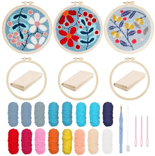 Allazone 3 Punch Needle Starter Kit, Kit di Ricamo per Aghi da Punzonatura con Motivo e Lstruzioni, Set da Ricamo per Principianti e Adulti, Piante e Fiori