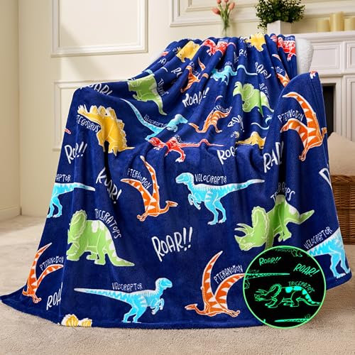 Joiedomi Manta Dinosaurio Que Brilla en la Oscuridad – Regalo para niños y niñas de 2 a 12 años – Manta Suave y acogedora de Franela, decoración para habitación – 127 x 152 cm