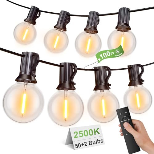 Miootly Outdoor Festoon Lights Remote Control, 30M/100FT Waterproof Dimmable Garden LED String Lights- 2500K Warm White, Mains Powered for Wedding, Party, Indoor & Outdoor Use