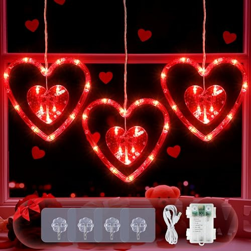 Qunlight Valentines Day Window Lights,45LED Love Hearts String Lights for Bedroom,Timer Memory Hanging Curtain Light 8 Mode,USB/Battery Operate Valentines Light for Wedding Anniversaries Party(Red)