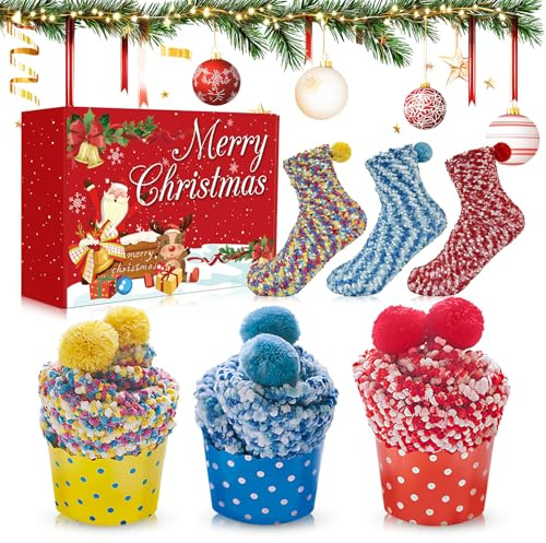 Calcetines Navideños Mujer, Calcetin Navidad, Calcetines Mujer Divertidos, calcetines Cupcake, Suave y Cómodo, Cálido y Adorable, Regalos Navideños para Amigos y Familiares(Azul claro, Amarillo, Rojo)