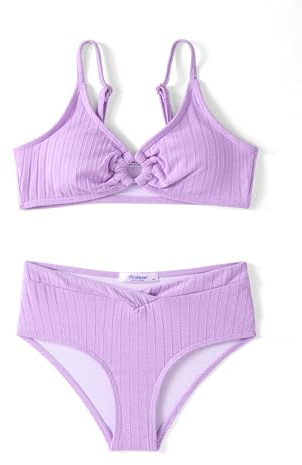 Arshiner Niñas Dos Piezas Traje de Baño Canalé Niños Verano Conjuntos de Bikini Color Sólido Ajustables Tankini Bikini Set para Niñas 7-15 Años