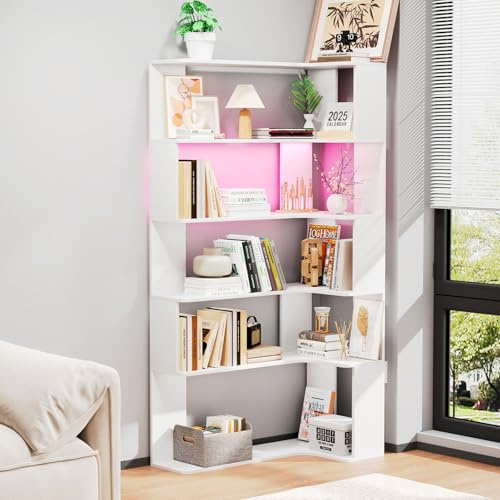 ChromaCasa Libreria Angolare a 5 Ripiani con RGB LED, Scaffale Triangolare per L'angolo, Libreria Verticale, Divisorio per Stanza Salvaspazio per Soggiorno,Studio,Ufficio (90x48x169cm, Bianco)