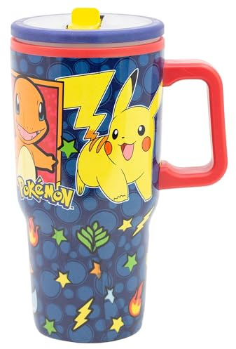 STOR Tasse en Acier avec Anse et Couvercle Pokémon 640ml - Double Paroi avec Bec Anti-Fuite Réutilisable pour Enfants