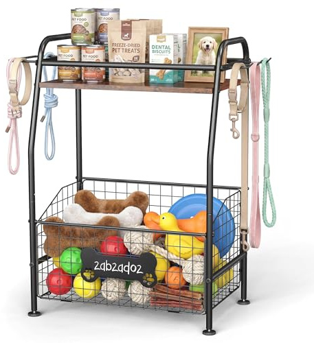 CACHOLIV Large Dog Toy Basket with Dog Storage Organizer,Trapezoid Dogs Toy Bin Box with Collar Leash Holder Hook, Toy Holder Chest Pet Storage Cabinet for Living Room