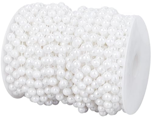 PONABEADIY 1 rollo 8MM de cuentas de perlas blancas Cuerda redonda de guirnalda ABS perlas de plástico imitación Adornos artificiales de guirnaldas artificiales Cadenas de cadenas lisas para fiesta de