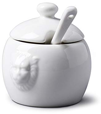 WM Bartleet & Sons – Traditional Porcelain Mustard/Jam/Sugar Pot, Lion Head Design Storage Pot with Serving Spoon and Lid (8cm). Made From 100% Porcelain – Classic Smooth Finish, White