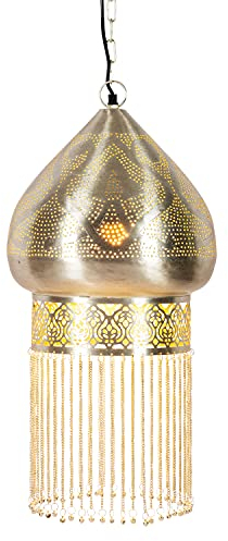 Orientalische Lampe Pendelleuchte Silber Archita 60cm E27 Lampenfassung | Marokkanische Design Hängeleuchte Leuchte aus Indien | Orient Lampen für Wohnzimmer, Küche oder Hängend über den Esstisch