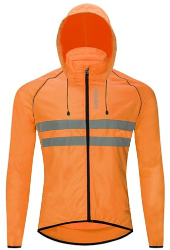 WOSAWE Chaquetas con capucha para hombre, cortavientos ultraligero, sobretodo reflectante maillots de ciclismo de manga larga(Naranja XL)