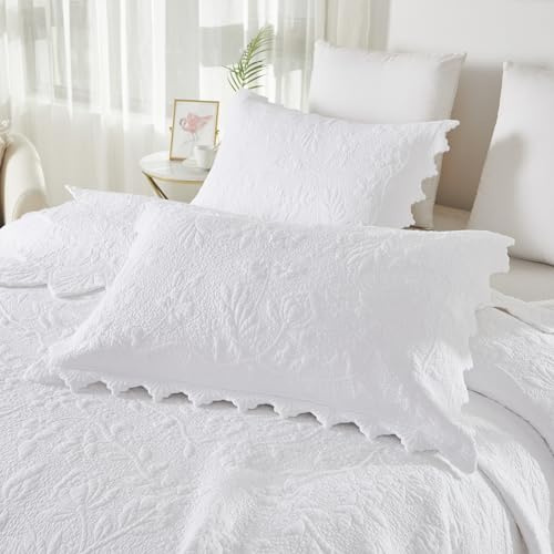 Brandream Quilted Pillow Shams Cotton Set of 2 White Standard Size Shabby Vintage Farmhouse Decorative Pillow Covers Full Queen Size