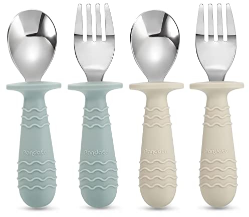 PandaEar 4 Set Bébé Toddler Ustensiles en Acier Inoxydable Silicone Argenterie Cuillère Fourchette pour Bébé Toddler Sans BPA avec Conception Anti-étouffement en Silicone