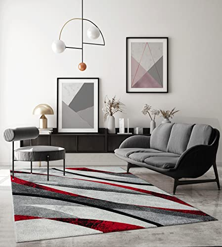 the carpet Monde Moderner Designer Wohnzimmer Teppich, Weicher Kurzflor, Hoch Tief Effekt, handgearbeiteter Konturenschnitt, 3D, Vintage, Wellen Muster, Grau-Rot, 120 x 170 cm