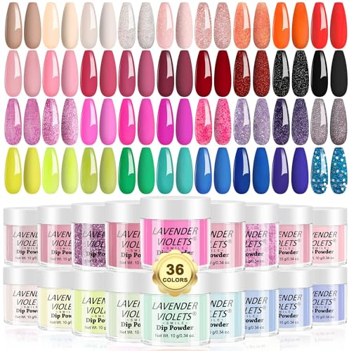 Lavender Violets 36 Colours Dip Powder Nail Kit Starter Quick Drying Dipping Powder Nude and Full Range Colour Set Red Noen Sliver Glossy Matte Nail Art Design M950