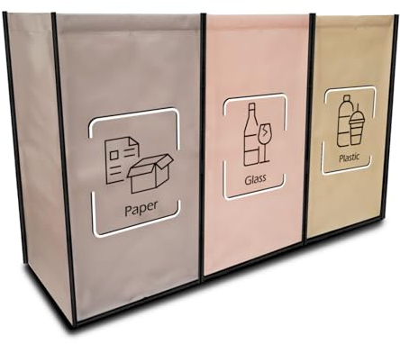 NYIKA - Mülltrennsystem 3fach - Recycling System - Mülltrennsystem - Altpapier Sammler - Mülltrennung - Mülltrennsysteme - Flaschensammler Leergut - Mülleimer für Glas, Plastik, Papier (Black Edge)