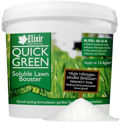Elixir Gardens QuickGreen Soluble Urea Lawn Booster (46% Nitrogen) | 1kg- 25kg Weights | High-Nitrogen Grass & Turf Fertiliser/Feed (N.P.K:46-0-0) | 2kg Tub