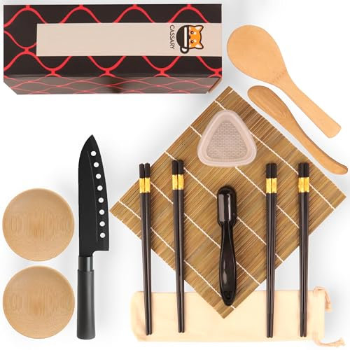 Set sushi completo. Kit sushi fai da te professionale da 17 pezzi. Kit per sushi composto da tappetino di bambù professionale, coltello, stampi di nigiri e onigiri, bacchette, cucchiaio... (Maker B)