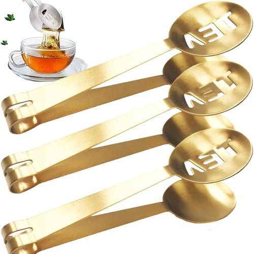 MINGZE Tea Bag Squeezer Tongs, 3 Pack Strainer Tongs Holder Grip Metal Spoon Mini Sugar Clip Kitchen Bar Ice Cubes Tools Stainless(Golden)