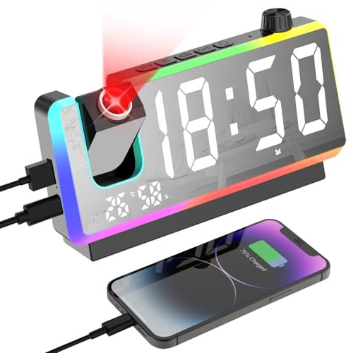 Cuteefun Projektionswecker, Digitalwecker mit Großer 7 LED Anzeige, 8 Modi RGB Nachtlicht, 180° Projektor, 2 Weckzeiten, Dual USB Anschluss, Temperatur und Luftfeuchtigkeit, Dimmer, Snooze, Schwarz
