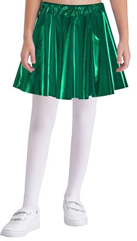 Zaldita Gonna Metallizzata a Pieghe per Bambina Svasata Mini Gonna Elastica Lucido da Ballo Jazz Hip Hop Gonnellino da Pattinaggio Artistico Skater Skirt Verde 10-12 Anni