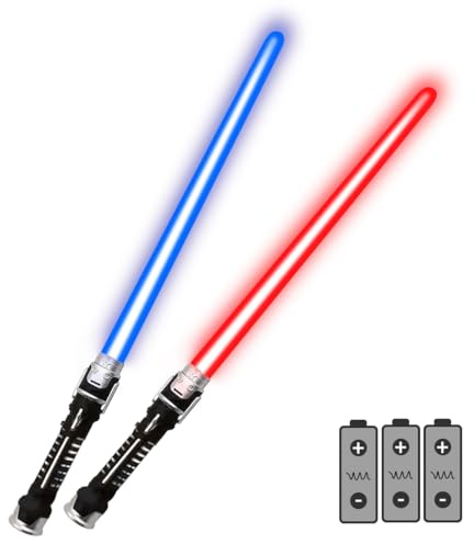 Tomedeks Spada Laser a LED 2 in 1 Blu Rosso, Confezione da 2 Spade Laser per Bambini, Spada Luminosa con Effetti Sonori, Laser Telescopiche Spada, per Cosplay e Costume da combattente di Guerra