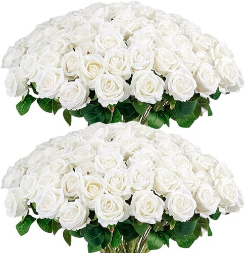 Auihiay 60PCS White Roses Artificial Flowers Bulk, Real Look Faux Roses, Silk Velvet Fake Rose Bouquet for DIY Wedding Bouquets, Bridal Shower Centerpieces, Party Table Decorations