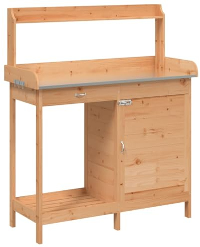 Tavolo da giardino in legno con armadio e cassetti, resistente superficie in metallo per piantare e organizzare in cortili, cortili e prati