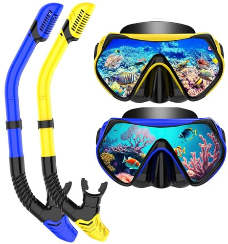 LITTLEJSY Set da snorkeling per adulti, con occhiali da snorkeling anti-appannamento e boccaglio asciutto, maschera professionale da snorkeling in vetro temperato per snorkeling (blu+giallo)