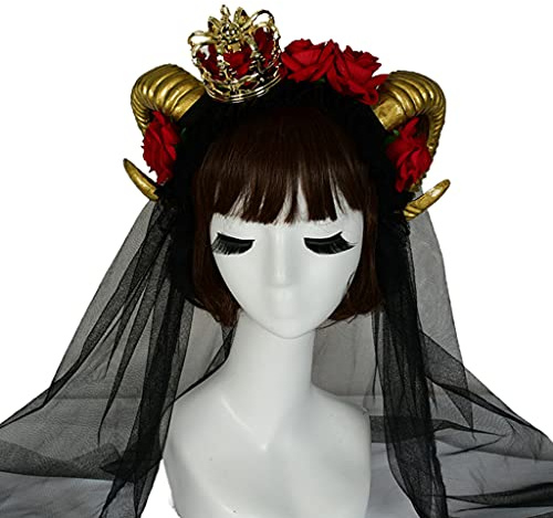 ZYMIADOU Ros horn pannband cosplay huvudbonad för halloween festkläder oxhorn slöja hårband gotiskt huvudbonad festtillbehör blomma slöja pannband