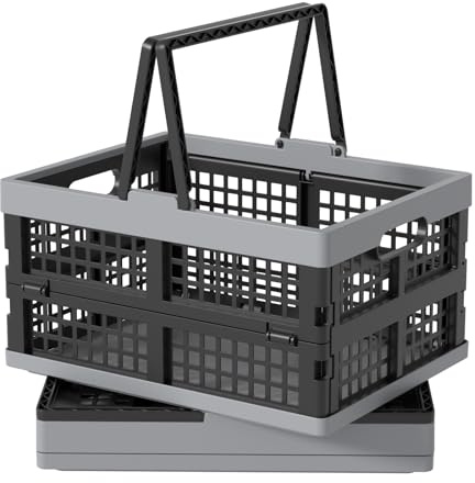 Vareone 2-Pack 15 L Foldable Shopping Baskets with Handles, Collapsible Storage Crates, Plastic Crates for Picnic, Camping(Black)