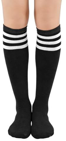 HUKUMA Calze lunghe a righe, sopra il ginocchio, calze alte al ginocchio, calze tubolari, calze da calcio, calze da cheerleader, calze da cosplay, Nero , 35-39
