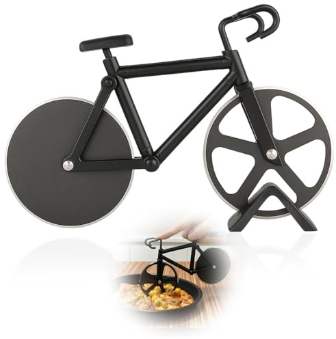 Roulette à pizza de vélo - 18,5 cm - En acier inoxydable antiadhésif - Roulette à pizza amusante - Double tranchante - Avec roue de coupe tranchante et support - Pour Noël - Cadeau de fête - Noir