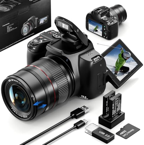72MP 4K Digital Camera for Photography and Video, 12X Optical Zoom Bridge Camera with 270° Flip Screen, WiFi, Auto Focus, Macro Mode, 2 Batteries & 32GB SD Card (Black) (Black)