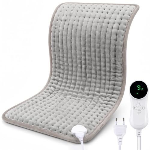 Cojín térmico, 43 x 84 cm, con 9 niveles de temperatura (30-65 °C) y apagado automático, superficie de franela para espalda, cuello, hombros y vientre, lavable a máquina (gris)