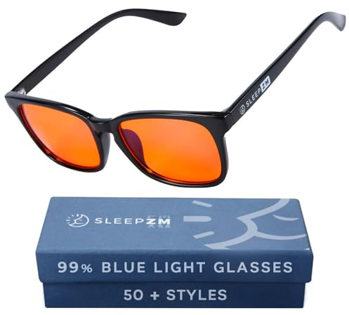Sleep ZM Blue Light Blocking Glasses for Women + Men - Better Sleep + Anti Eye Strain Protection - Computer Screens & Gaming - Black Wayfarer - 99% Night-time Amber Lens