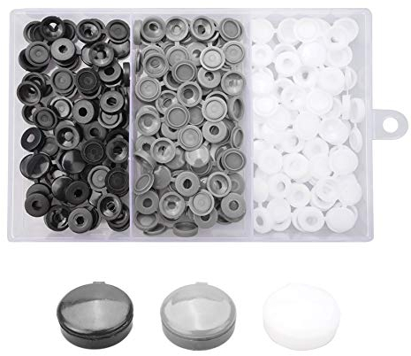 JJWNMLL 240pcs Hinged Plastic Screw Caps - Fold & Snap Covers - Decorative Caps with Box (6-8 Screw Heads) for Furniture Cabinet & Shelf (Black, White, Grey)