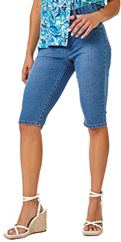 Roman Knee Length Jeggings for Women Ladies Stretch Denim Shorts Jeans Cropped Trouser Capri Pants Summer Cotton Legging Pedal Pusher Legged Crop Spring Cutoff Work - Denim - Size 18