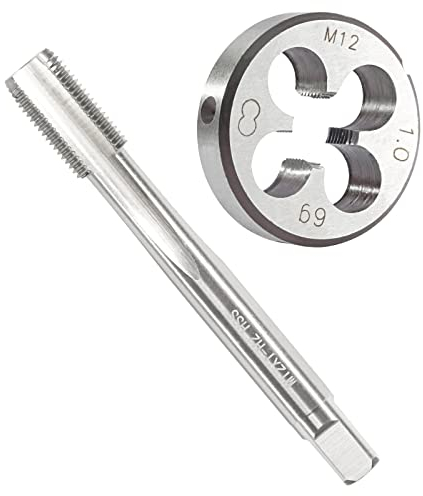 Aceteel M12 x 1,0 metrisches Gewindeschneid-Set, M12 x 1,0 HSS Maschinengewindebohrer und M12 x 1,0 mm legierter Werkzeugstahl runde Schneideisen für Rechtshänder