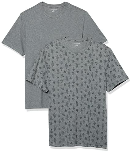 Amazon Essentials T-shirt en Coton à Col Rond à Manches Courtes, Coupe Classique Homme, Lot de 2, Cactus/Gris Chiné, S