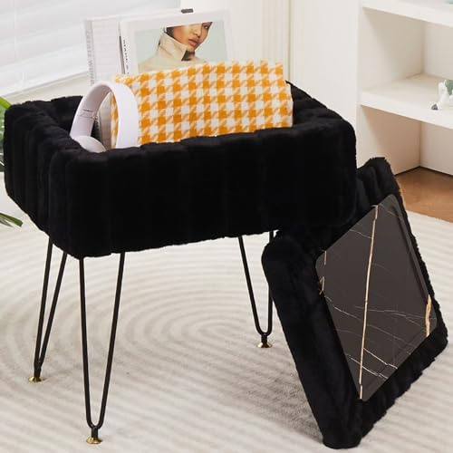 Wimarsbon Storage Ottoman, Vanity Stools with Metal Legs, 16.5 x 11.8 x 18 Modern Faux Mink Fur Footstool, Makeup Chair with Anti-Slip Feet, Accent Table,Footrest,Storage Bench for Bedroom
