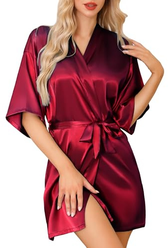 Lovasy Women's Satin Robe Summer Silk Dressing Gown for Women UK Short Kimono Dressing Gowns Bridesmaid Bride Party Silk Robes,Purplish red,S