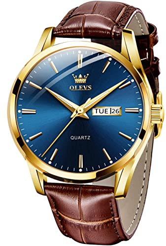 OLEVS Herrenuhren Blau Braune Lederarmband Quarz Uhr Männer mit Wochentag Datum Wasserdicht Leuchtende Klassische Elegantes Armbanduhr Geschenk