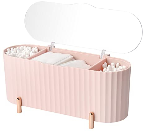 Scatola portaoggetti per cosmetici, scatola portaoggetti in cotone con coperchio, contenitore per cotton fioc, pennello per ombretto,4 scomparti, accessori per toeletta, scatola per trucco (Rosa)
