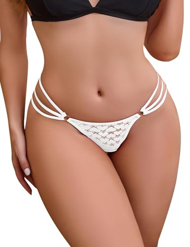 Hibluco Women G-Strings Thongs Sexy Underwear Lace Thongs Low Waist T-back Panties White