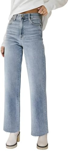 KDF Straight Leg Jeans for Women High Waisted Jeans Frayed Baggy Pants Raw Hem Loose Stretchy Cropped Wide Leg Jeans Light Blue Size 6
